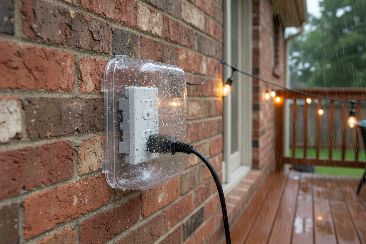 Weatherproof Outdoor Outlet Cover - Rainy Patio Lifestyle